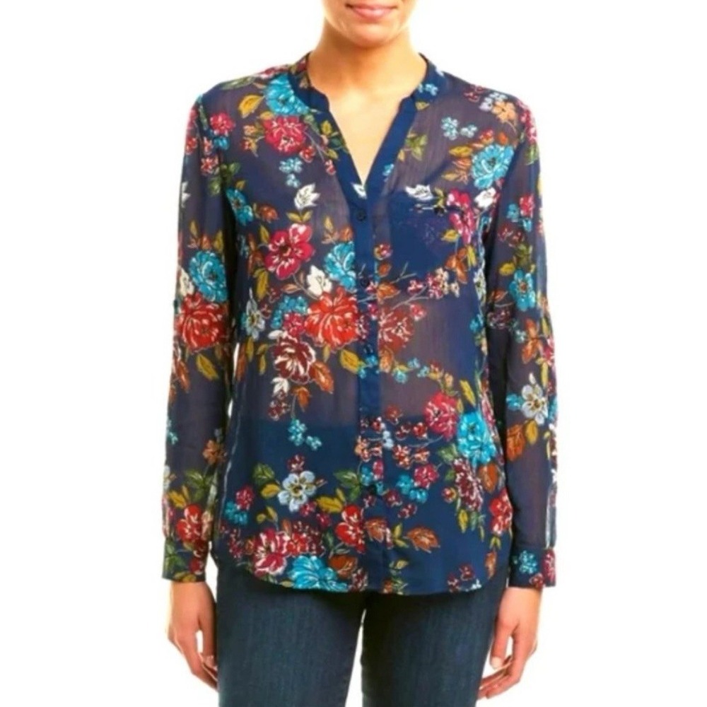 Kut From The Kloth‎ Blue Sinclaire Button Front Blouse Sheer Floral Size Medium